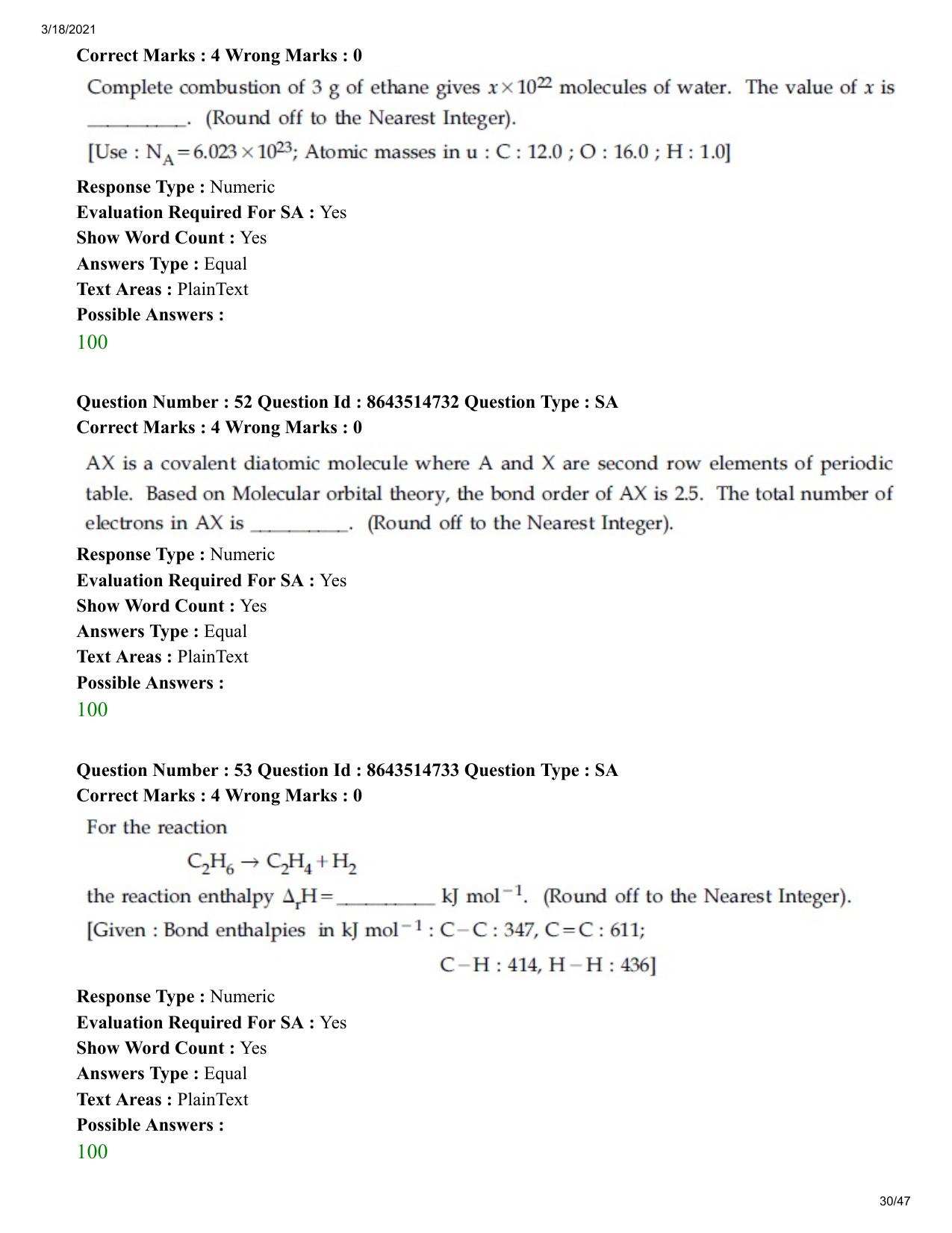 JEE Mains 2021: BTech	(Shift 1) 18-03-2021 Question Paper - Page 30