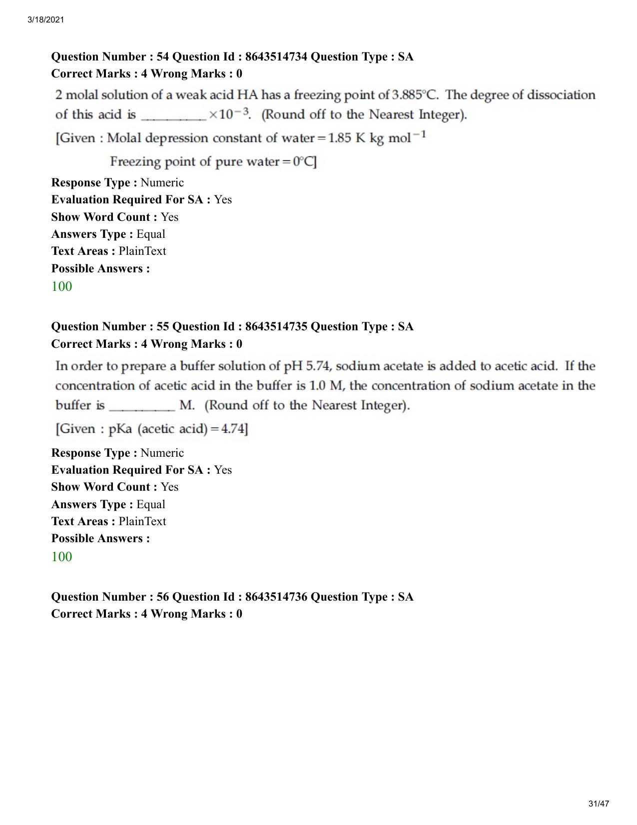 JEE Mains 2021: BTech	(Shift 1) 18-03-2021 Question Paper - Page 31