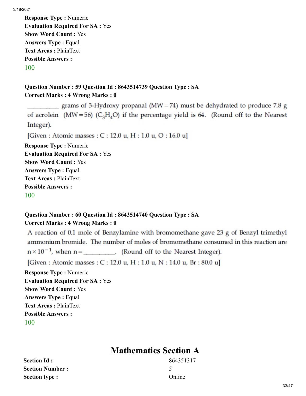 JEE Mains 2021: BTech	(Shift 1) 18-03-2021 Question Paper - Page 33