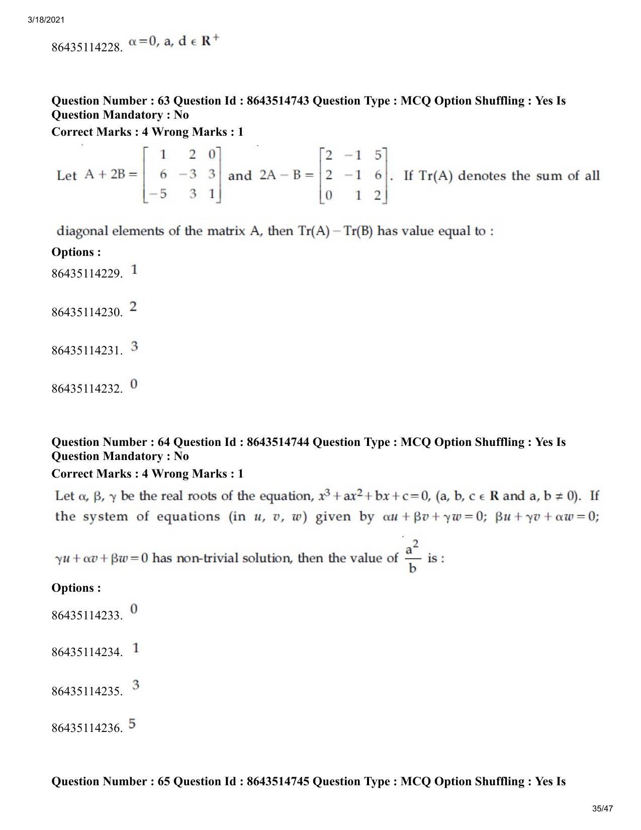 JEE Mains 2021: BTech	(Shift 1) 18-03-2021 Question Paper - Page 35