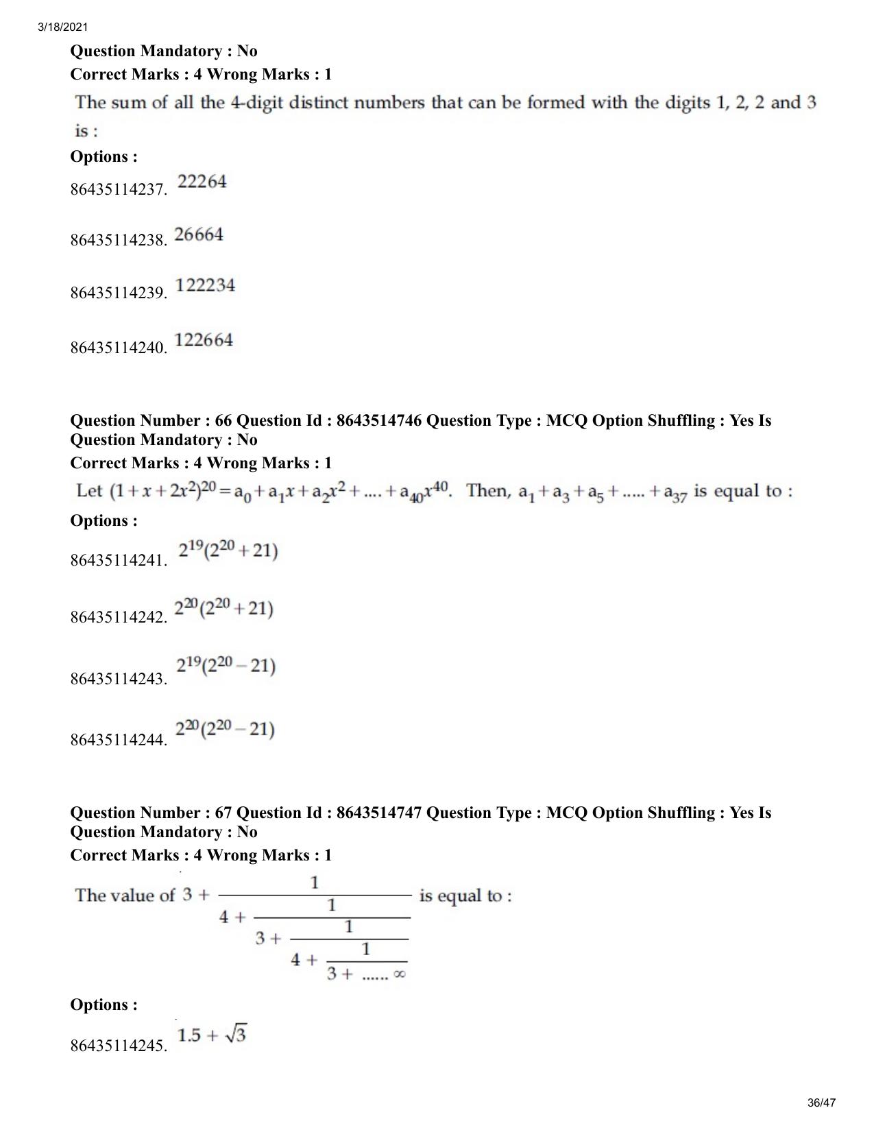 JEE Mains 2021: BTech	(Shift 1) 18-03-2021 Question Paper - Page 36