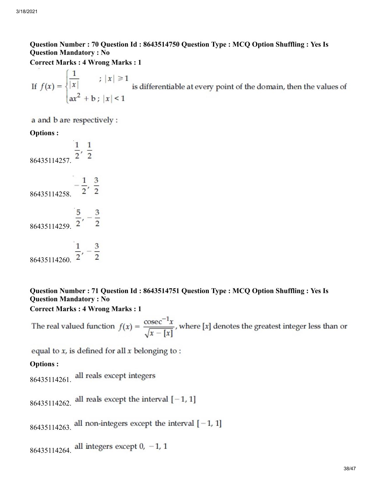JEE Mains 2021: BTech	(Shift 1) 18-03-2021 Question Paper - Page 38