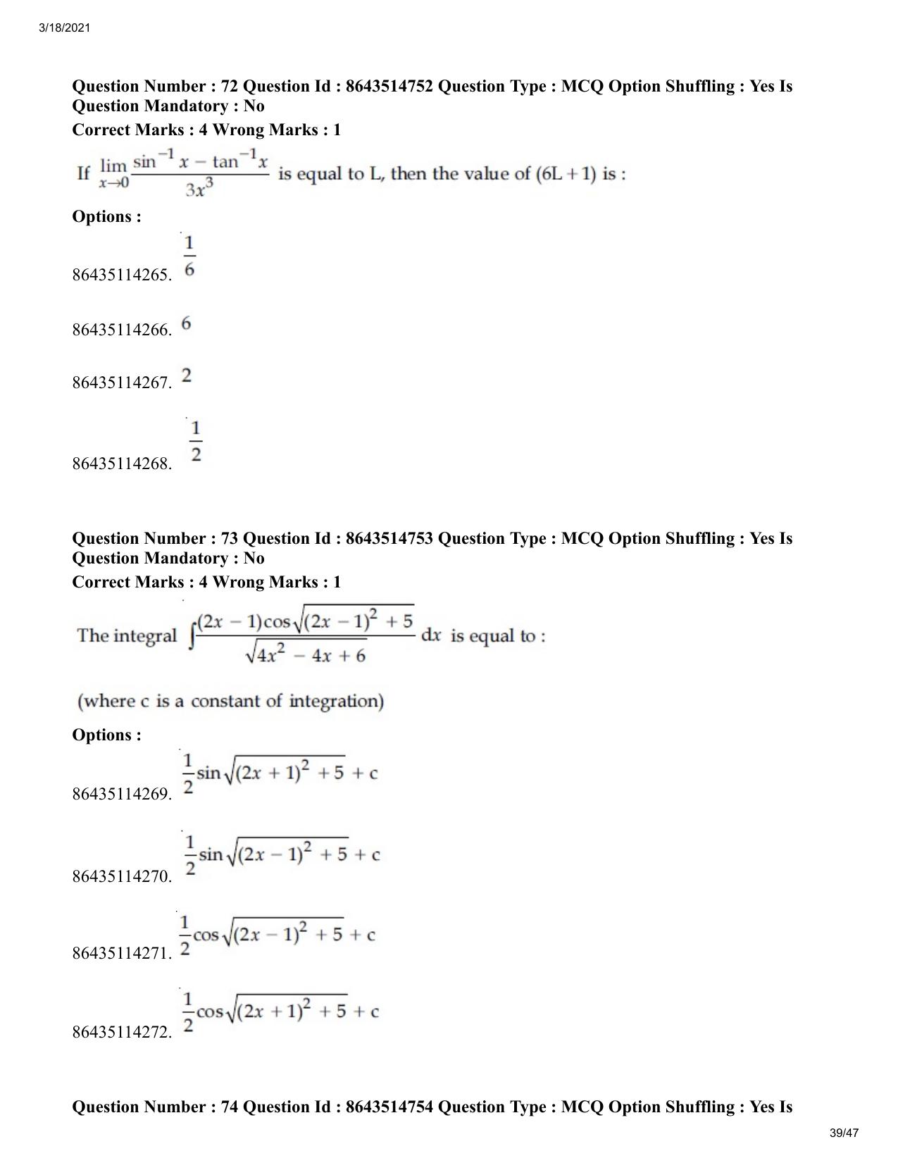 JEE Mains 2021: BTech	(Shift 1) 18-03-2021 Question Paper - Page 39