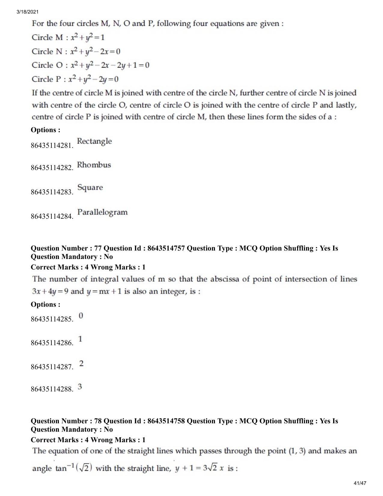 JEE Mains 2021: BTech	(Shift 1) 18-03-2021 Question Paper - Page 41