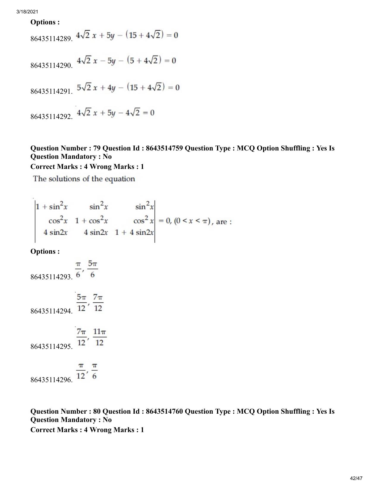 JEE Mains 2021: BTech	(Shift 1) 18-03-2021 Question Paper - Page 42