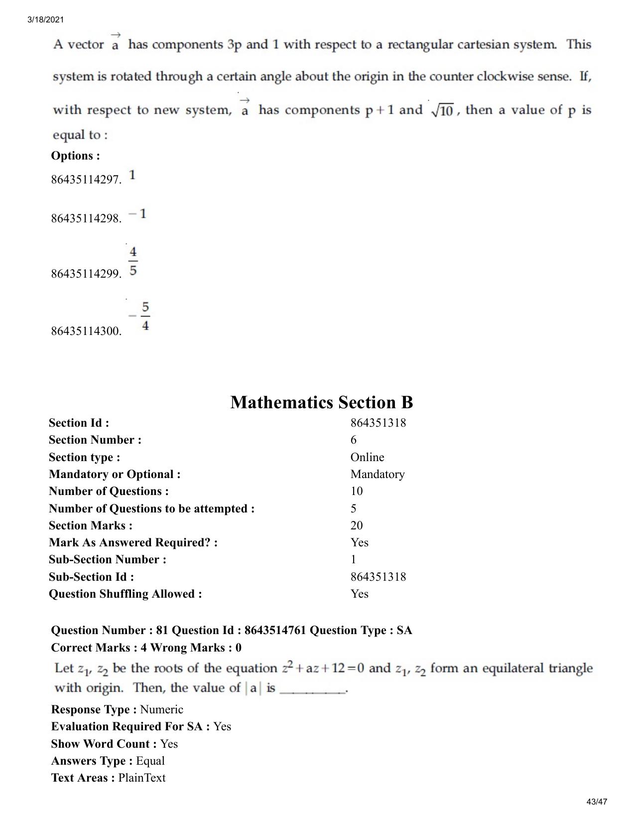 JEE Mains 2021: BTech	(Shift 1) 18-03-2021 Question Paper - Page 43