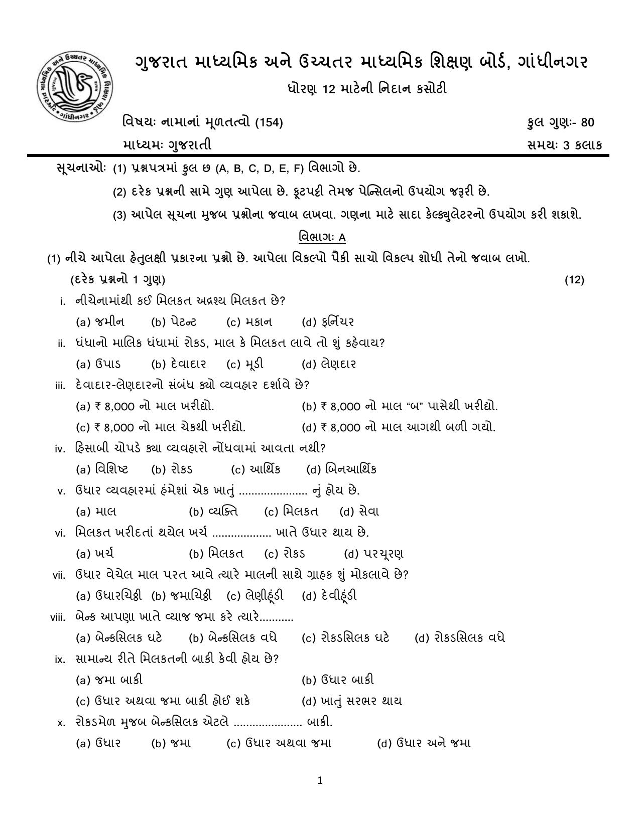 Gujarat Board Class 12th Question Paper 2020: (નામાના મૂળતવો) GHE - Page 1