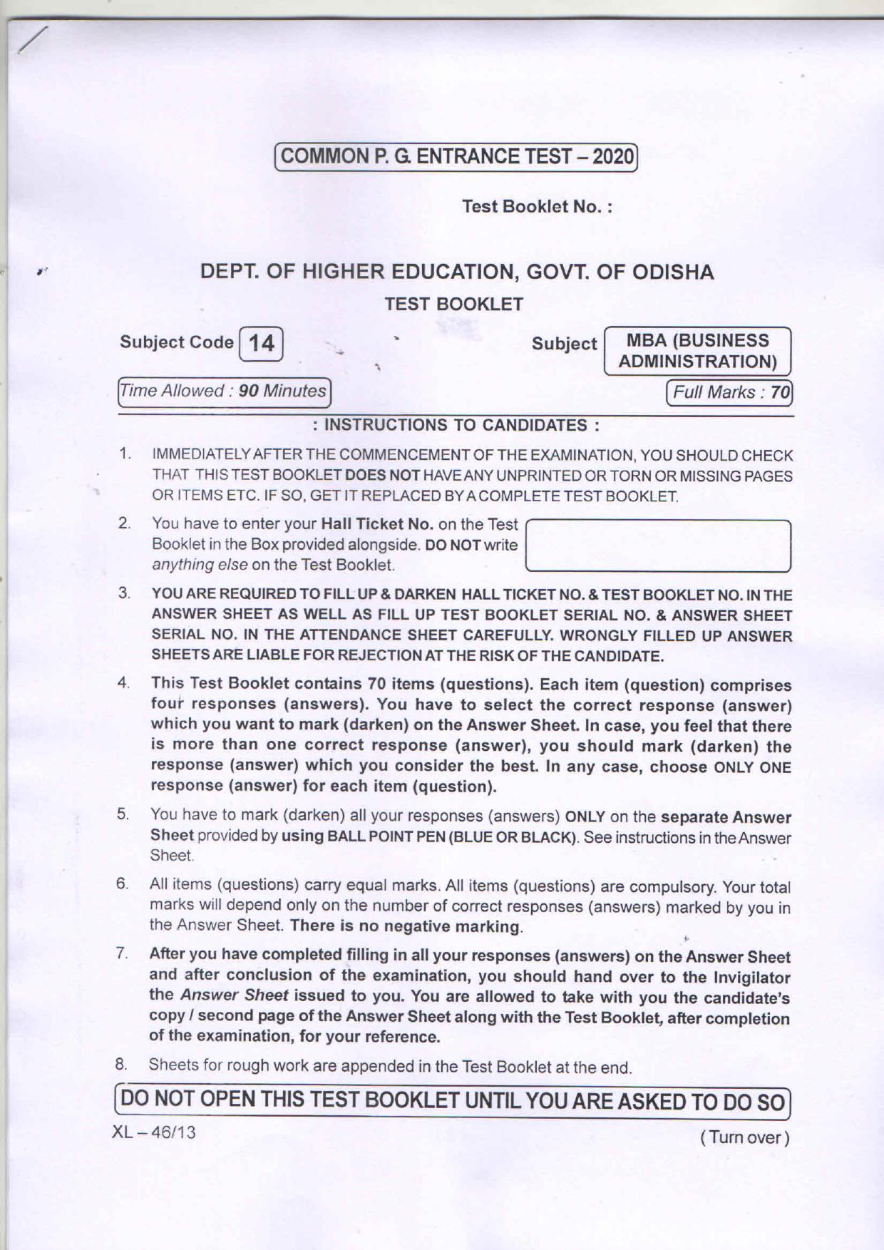 Odisha CPET MBA (BUSINESS ADMINISTRATION) 2020 Question Paper - Page 1