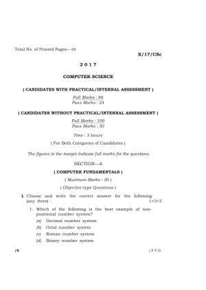 Meghalaya Board (MBOSE) Class 10 COMPUTER SCIENCE 2017 Question Paper