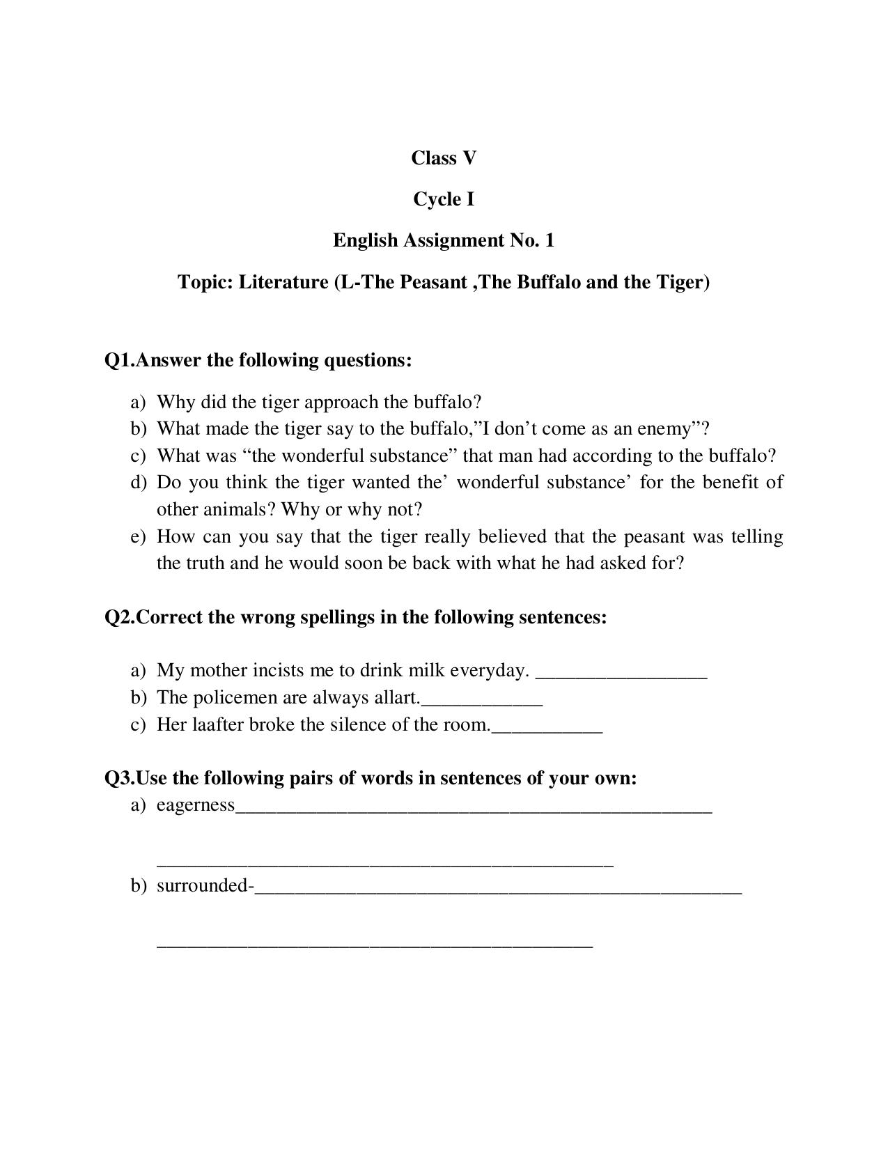 Worksheet for Class 5 English Assignment 2 - Page 1