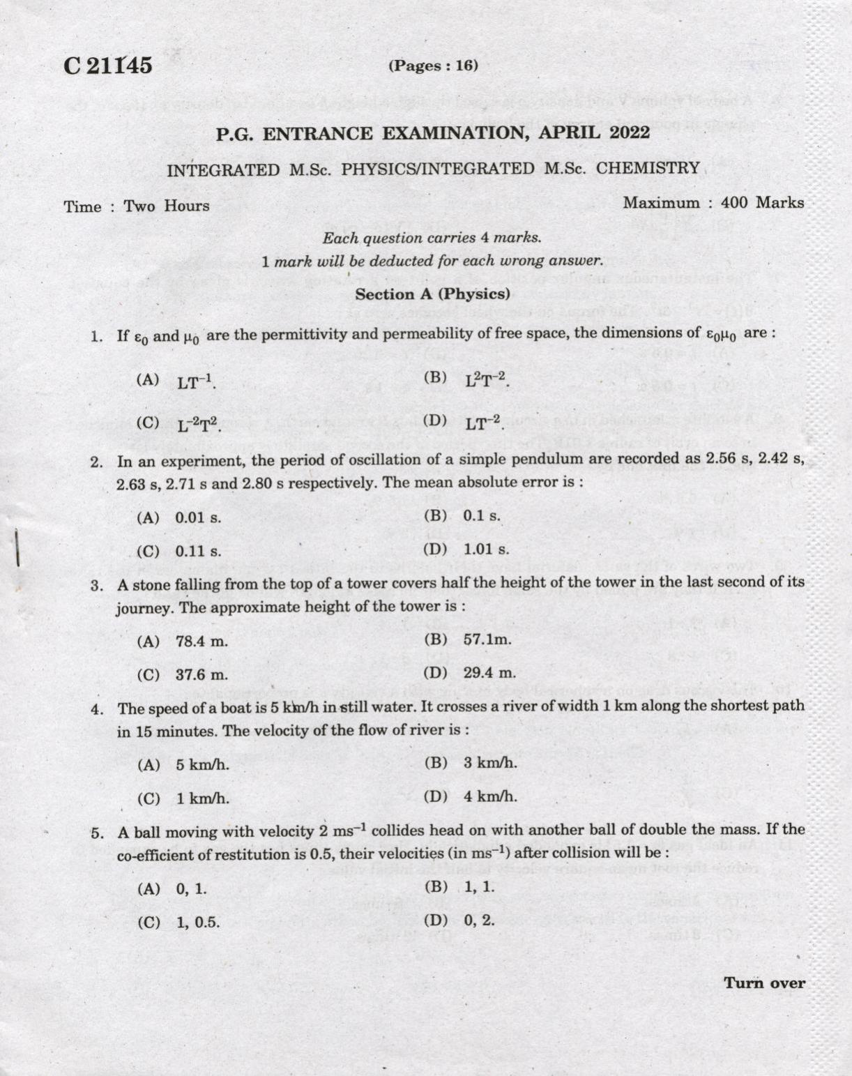 CUCAT 2022 Integrated M.Sc.Physics/Chemistry Question Paper - Page 1