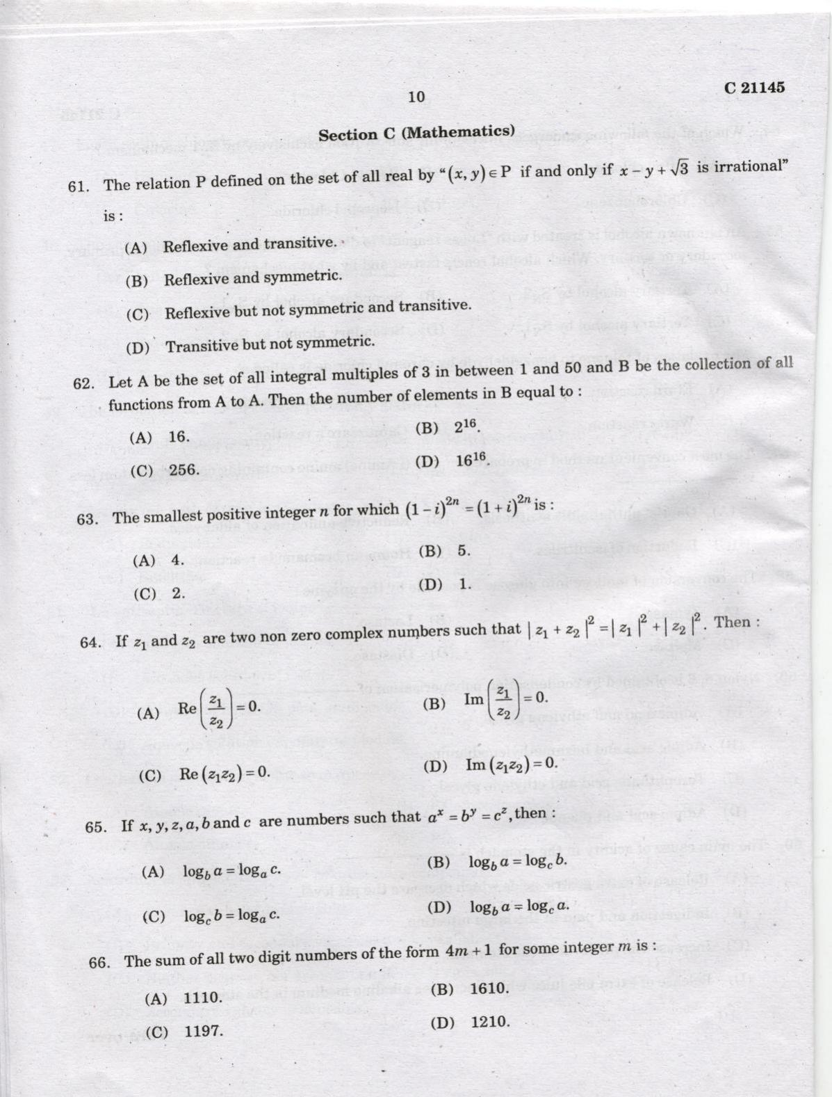 CUCAT 2022 Integrated M.Sc.Physics/Chemistry Question Paper - Page 10