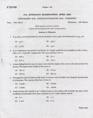 CUCAT 2022 Integrated M.Sc.Physics/Chemistry Question Paper