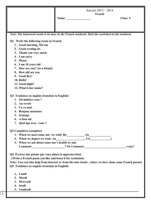 Worksheet for Class 5 French Assignment 3