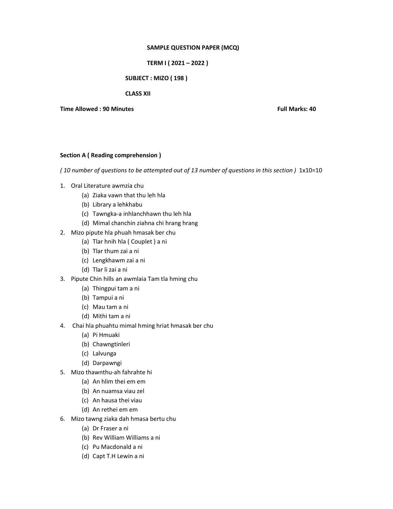 CBSE Class 12th Mizo Sample Question Paper 2021-22 - Page 1