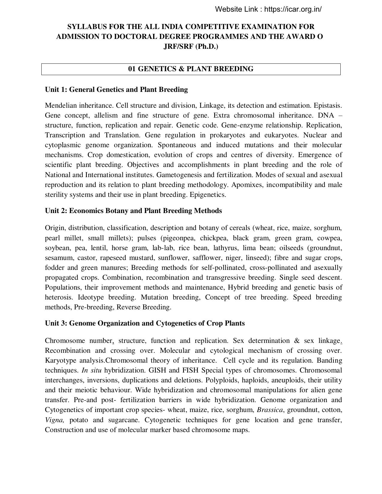 ICAR AICE-JRF/SRF (PhD) Syllabus - Page 1