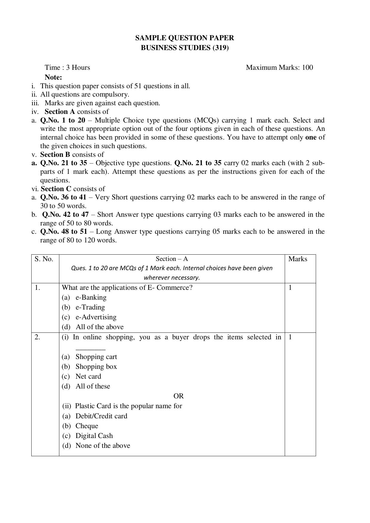 NIOS Class 12 Commerce (Business Studies) Sample Paper - Page 1