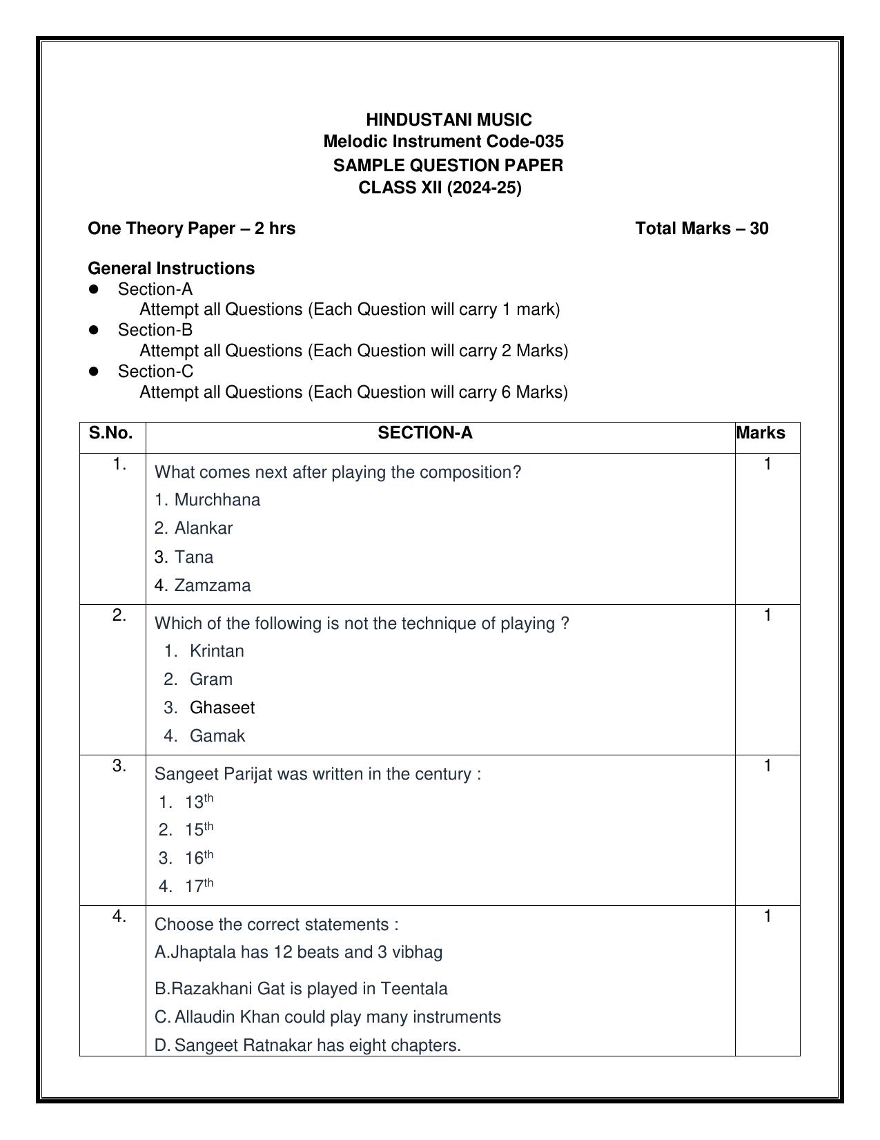 CBSE Class 12 Hindustani Music (Melodic) Sample Question Paper 2024-25 - Page 1