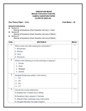 CBSE Class 12 Hindustani Music (Melodic) Sample Question Paper 2024-25