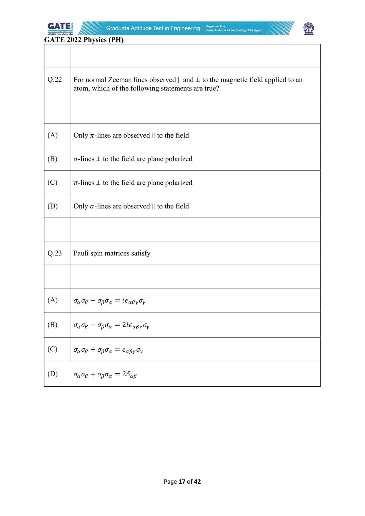 GATE 2022 Physics (PH) Question Paper - Page 17