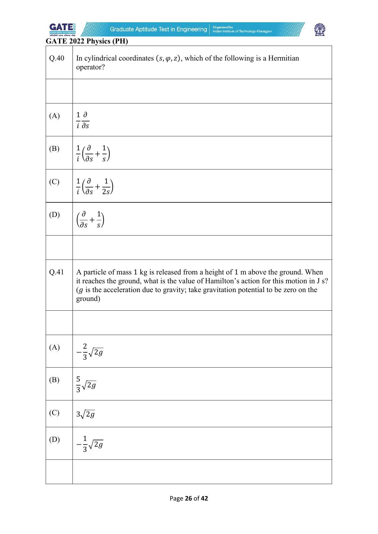 GATE 2022 Physics (PH) Question Paper - Page 26