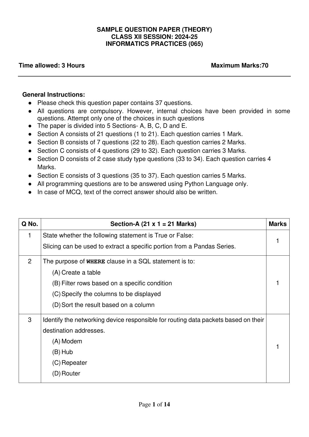 CBSE Class 12 Informatics Practices Sample Question Paper 2024-25 - Page 1