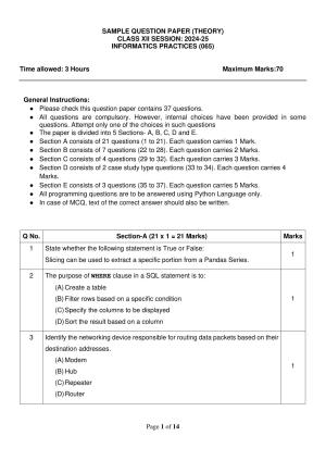 CBSE Class 12 Informatics Practices Sample Question Paper 2024-25