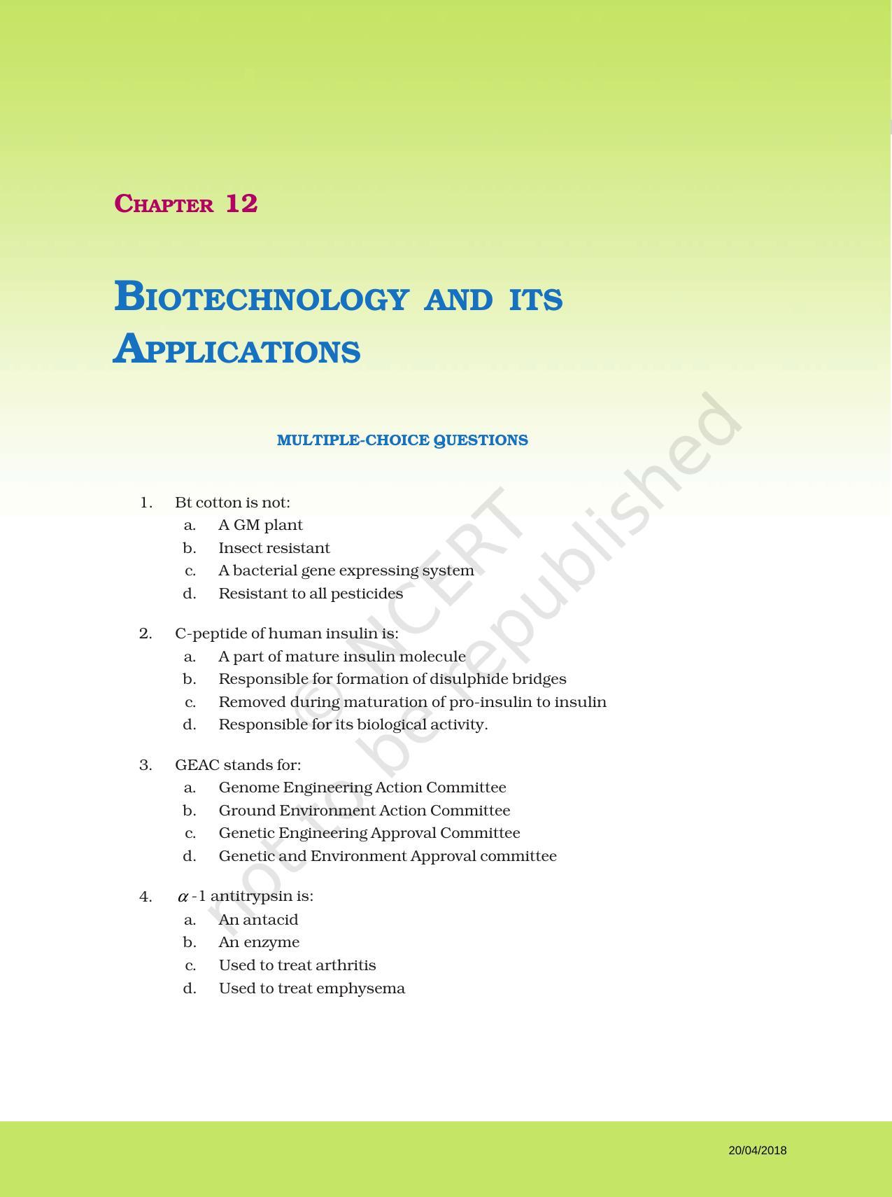 NCERT Exemplar Book for Class 12 Biology: Chapter 12 Biotechnology and its Applications - Page 1