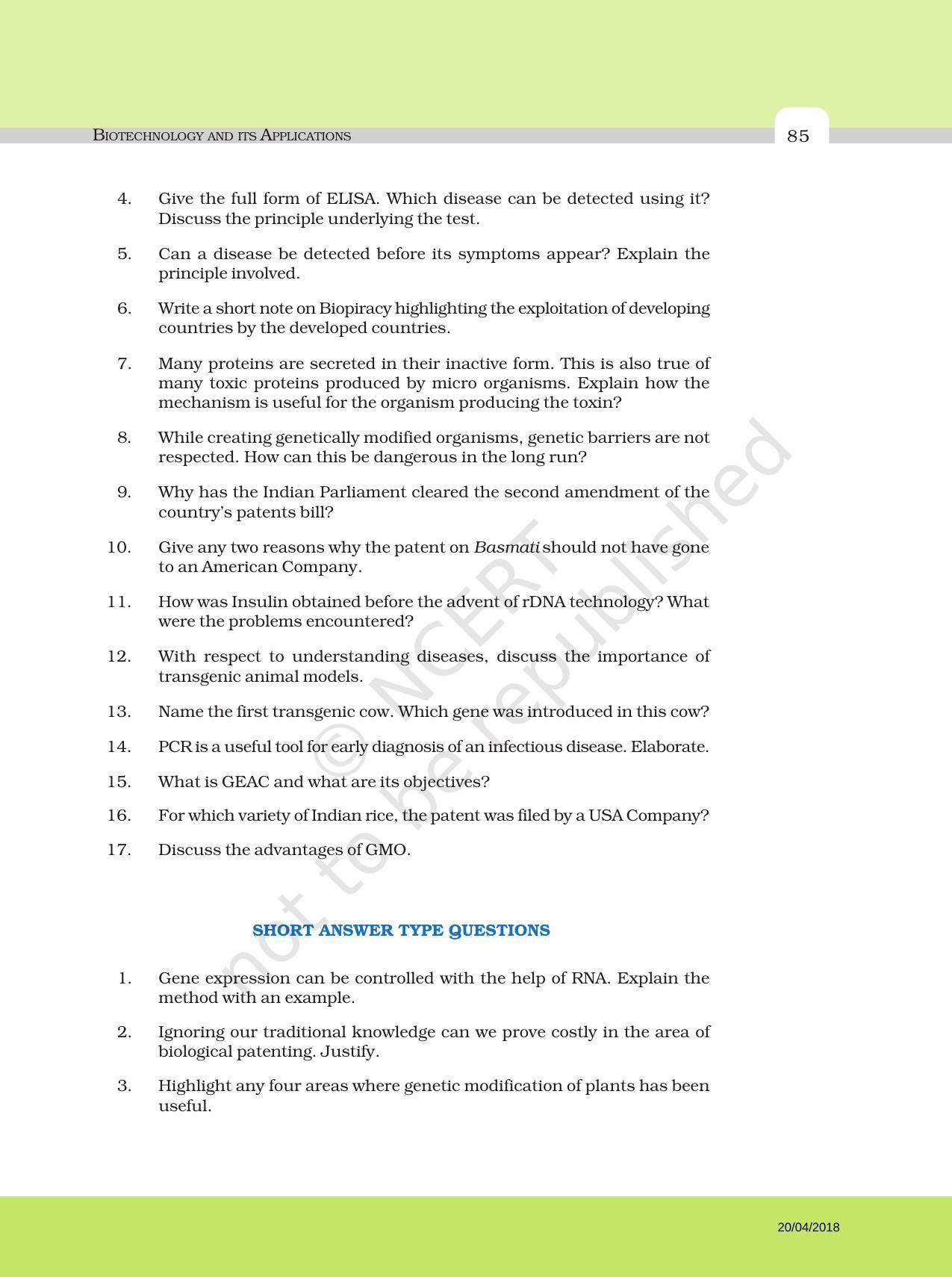 NCERT Exemplar Book for Class 12 Biology: Chapter 12 Biotechnology and its Applications - Page 4