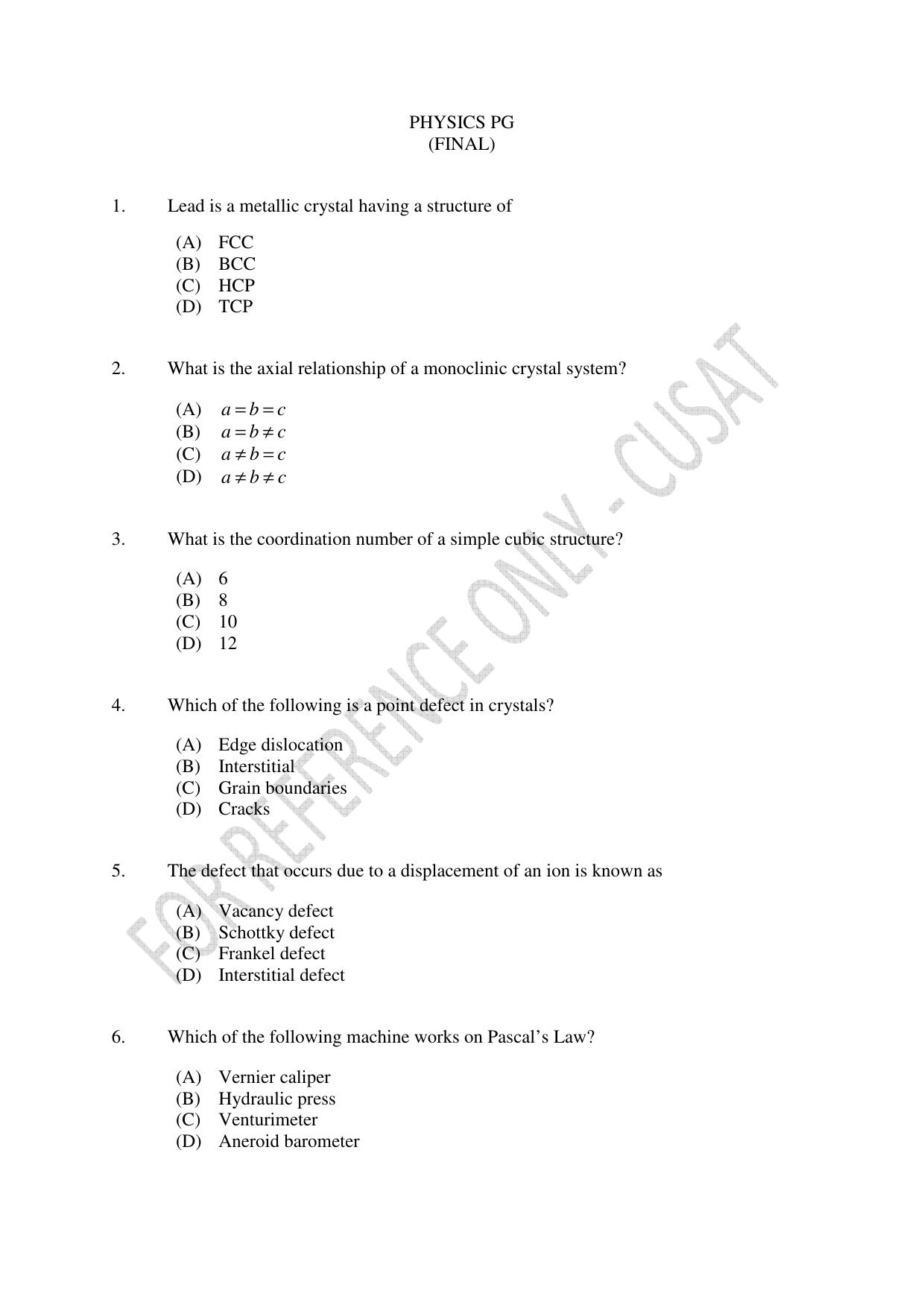 CUSAT CAT 2023 Physics PG Question Paper - Page 1
