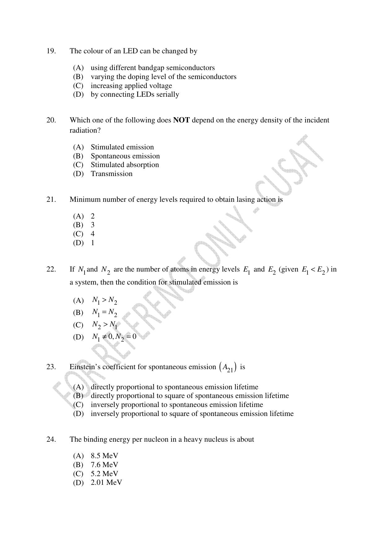 CUSAT CAT 2023 Physics PG Question Paper - Page 4