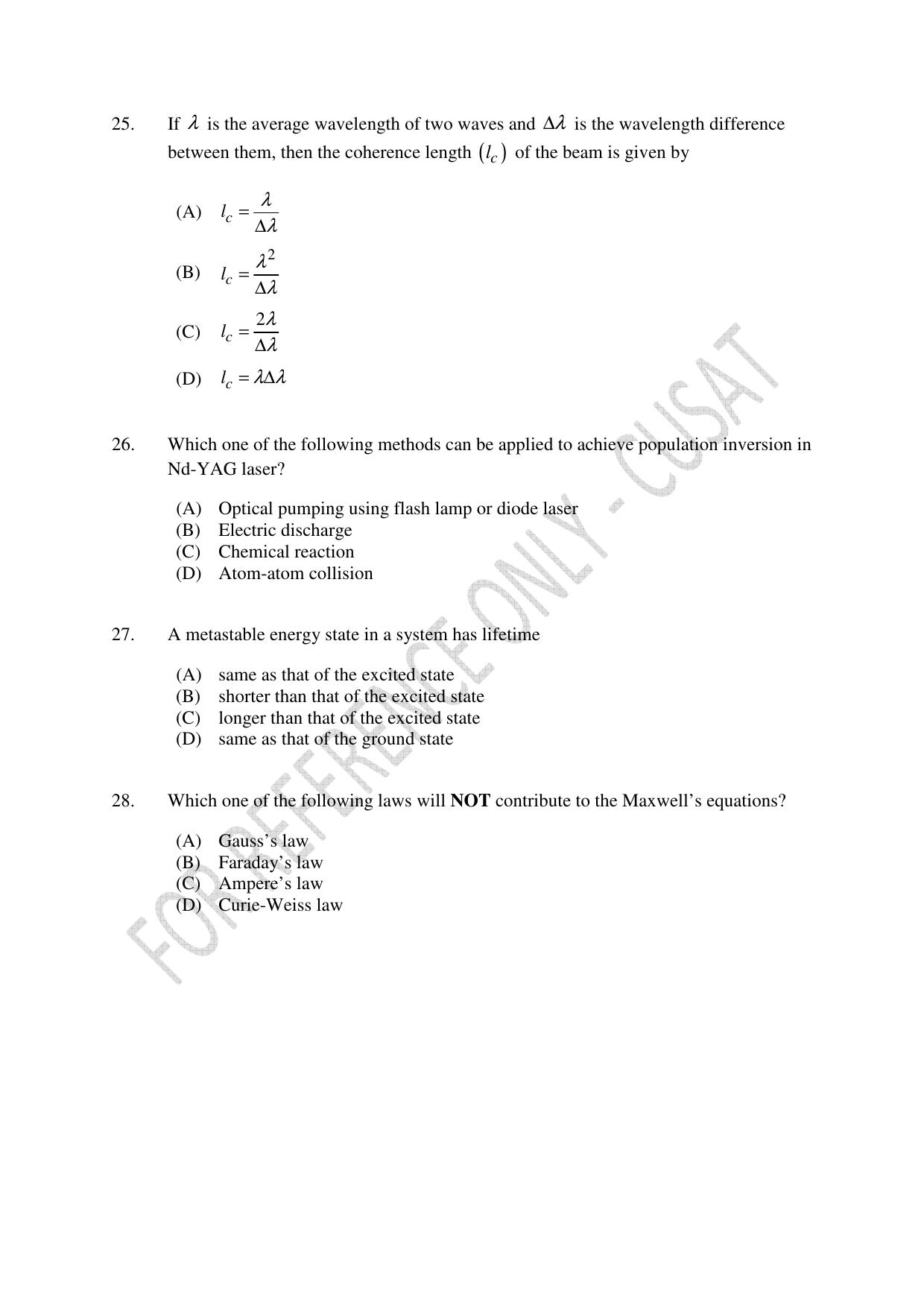 CUSAT CAT 2023 Physics PG Question Paper - Page 5