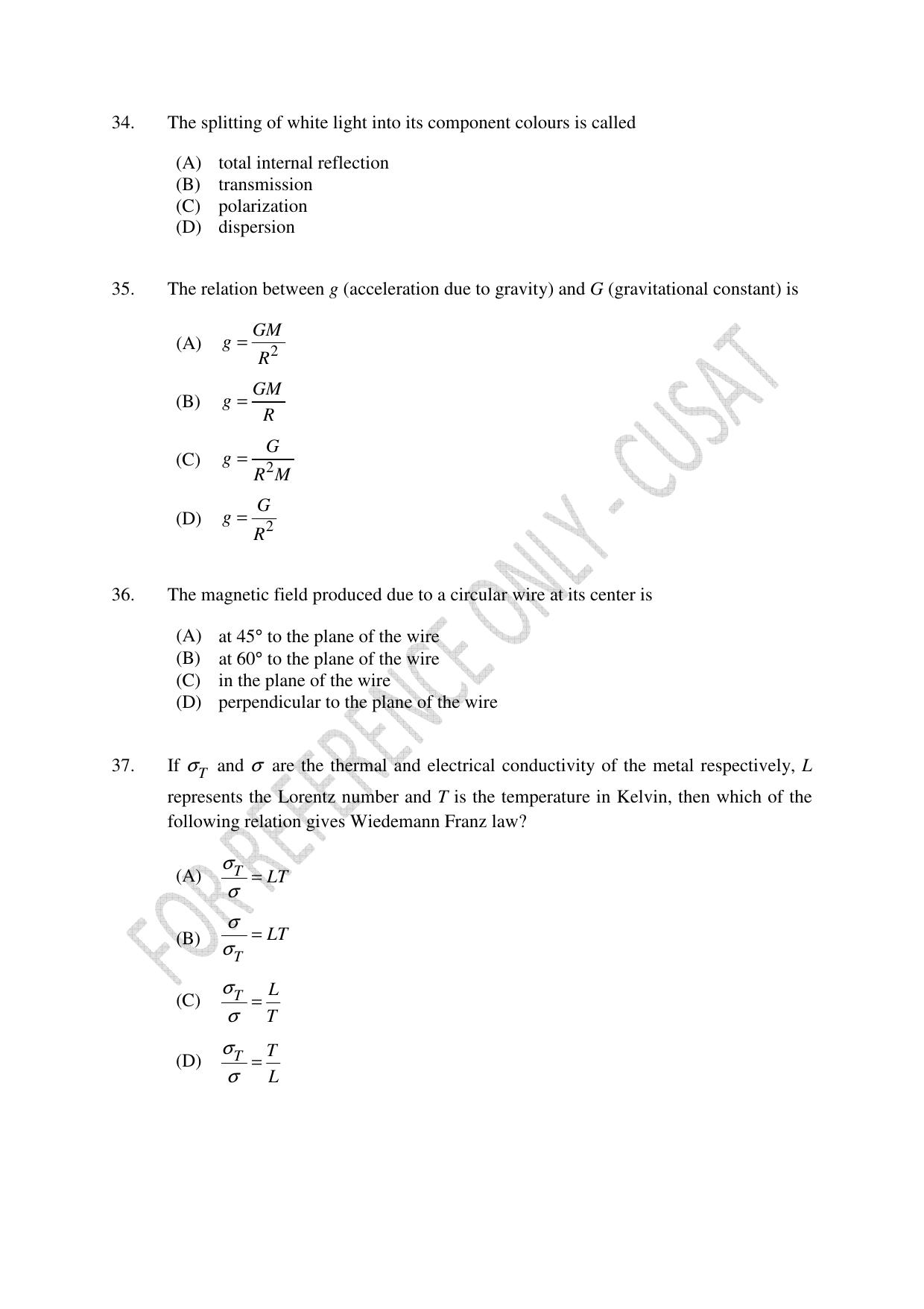 CUSAT CAT 2023 Physics PG Question Paper - Page 7
