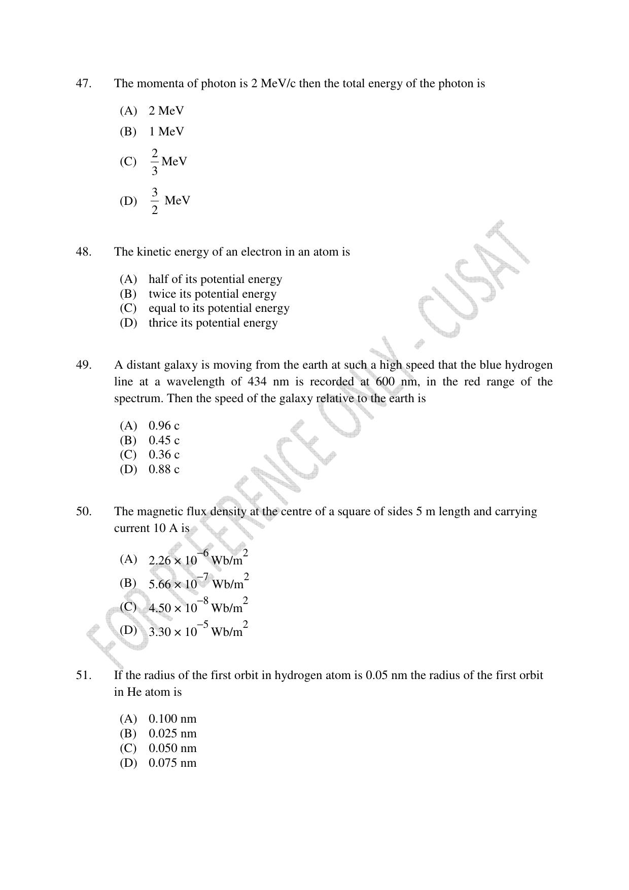 CUSAT CAT 2023 Physics PG Question Paper - Page 10