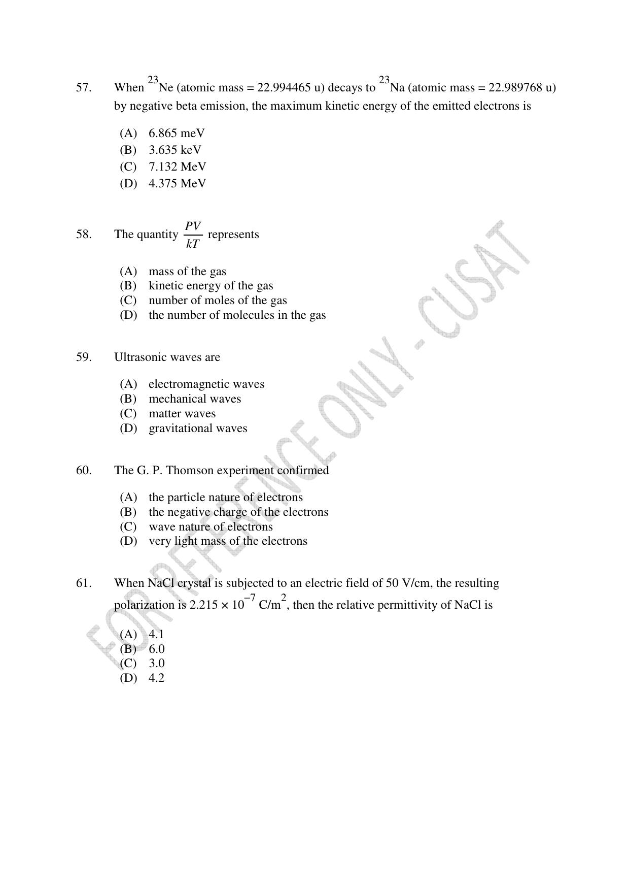 CUSAT CAT 2023 Physics PG Question Paper - Page 12