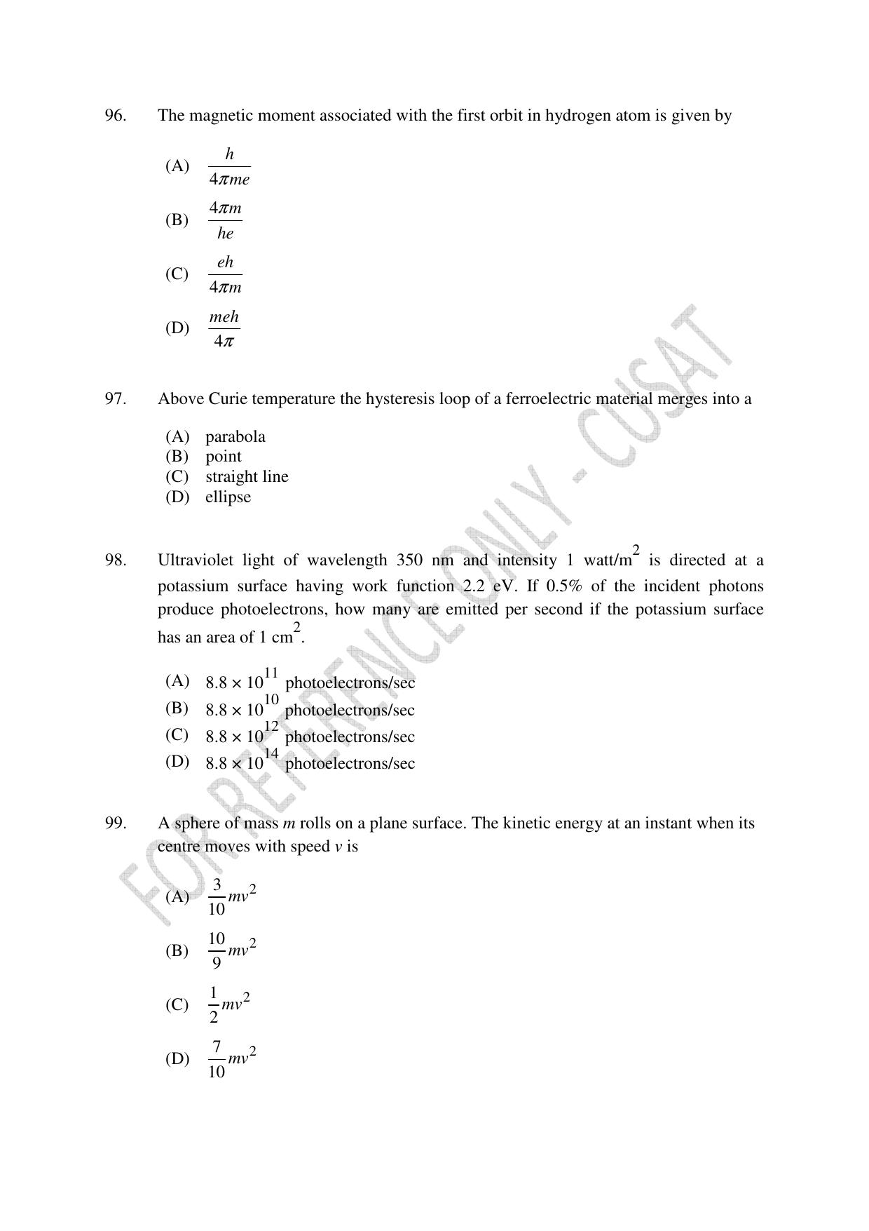 CUSAT CAT 2023 Physics PG Question Paper - Page 21