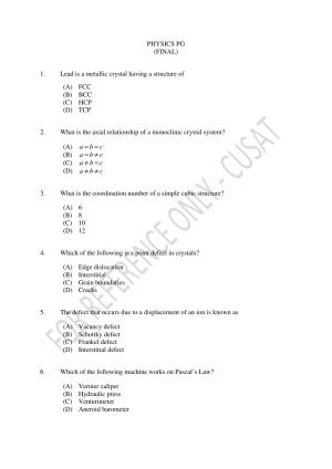 CUSAT CAT 2023 Physics PG Question Paper