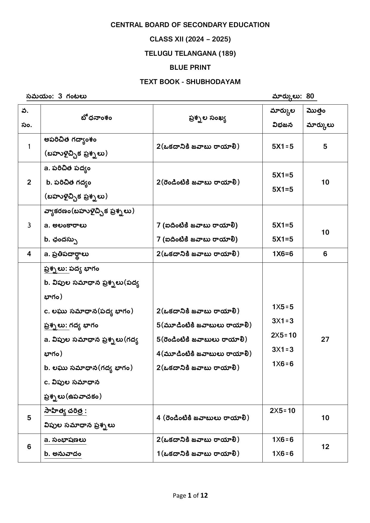 CBSE Class 12 Telugu (Telangana) Sample Question Paper 2024-25 - Page 1