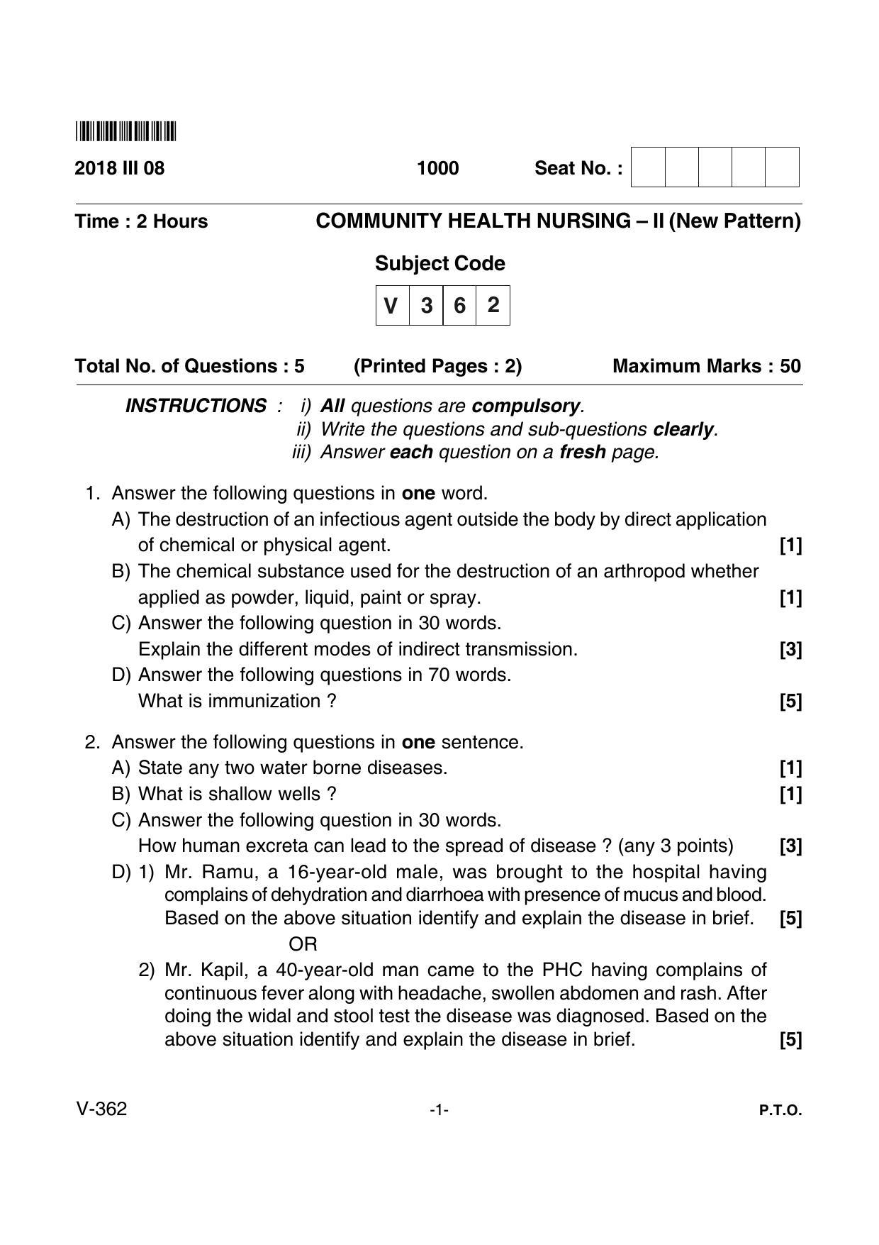 Goa Board Class 12 Community Health Nursing - II  Voc 362 New Pattern (March 2018) Question Paper - Page 1