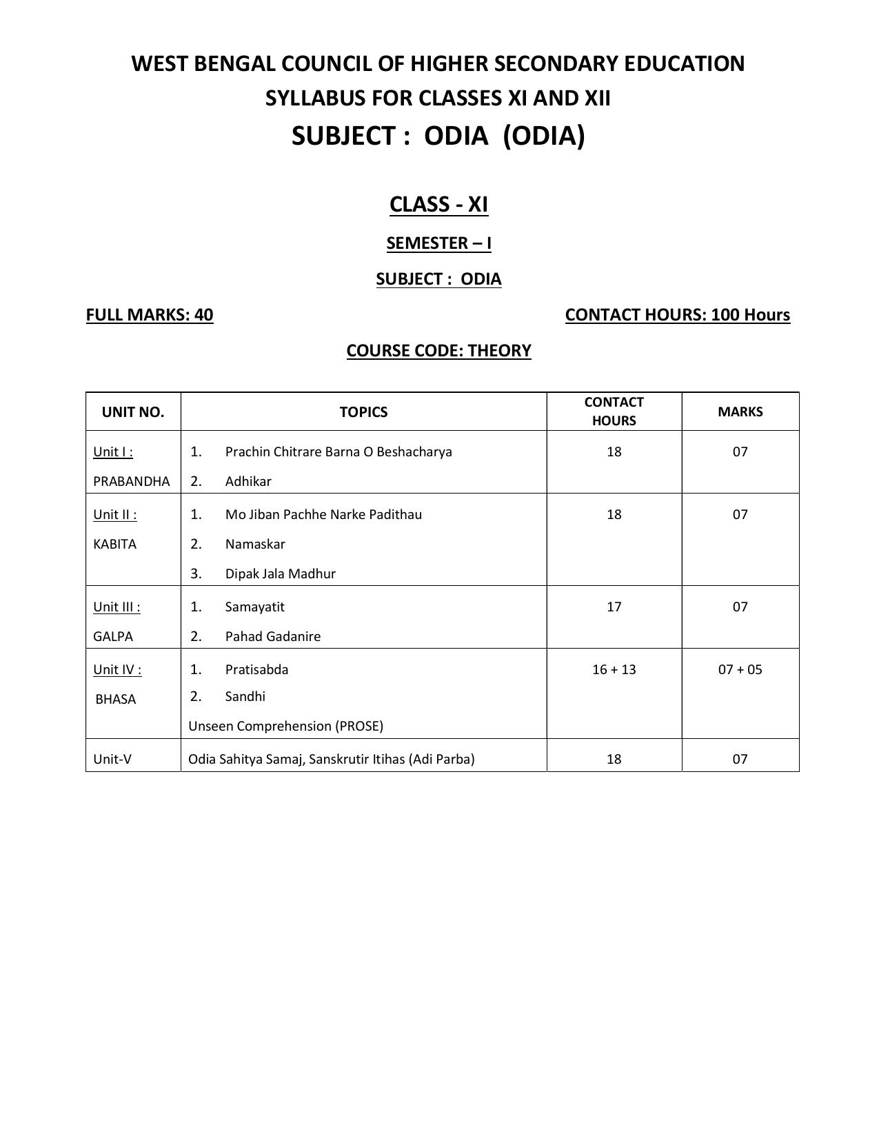 WBCHSE Class 11 & 12 Syllabus for Odia (ODIA) (Language) - Page 1