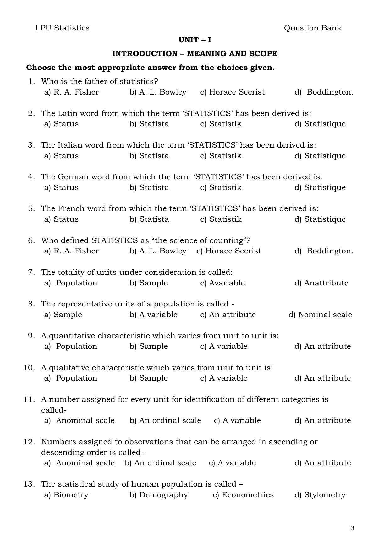 Karnataka 1st PUC Question Bank 2025 - Statistics English - Page 3