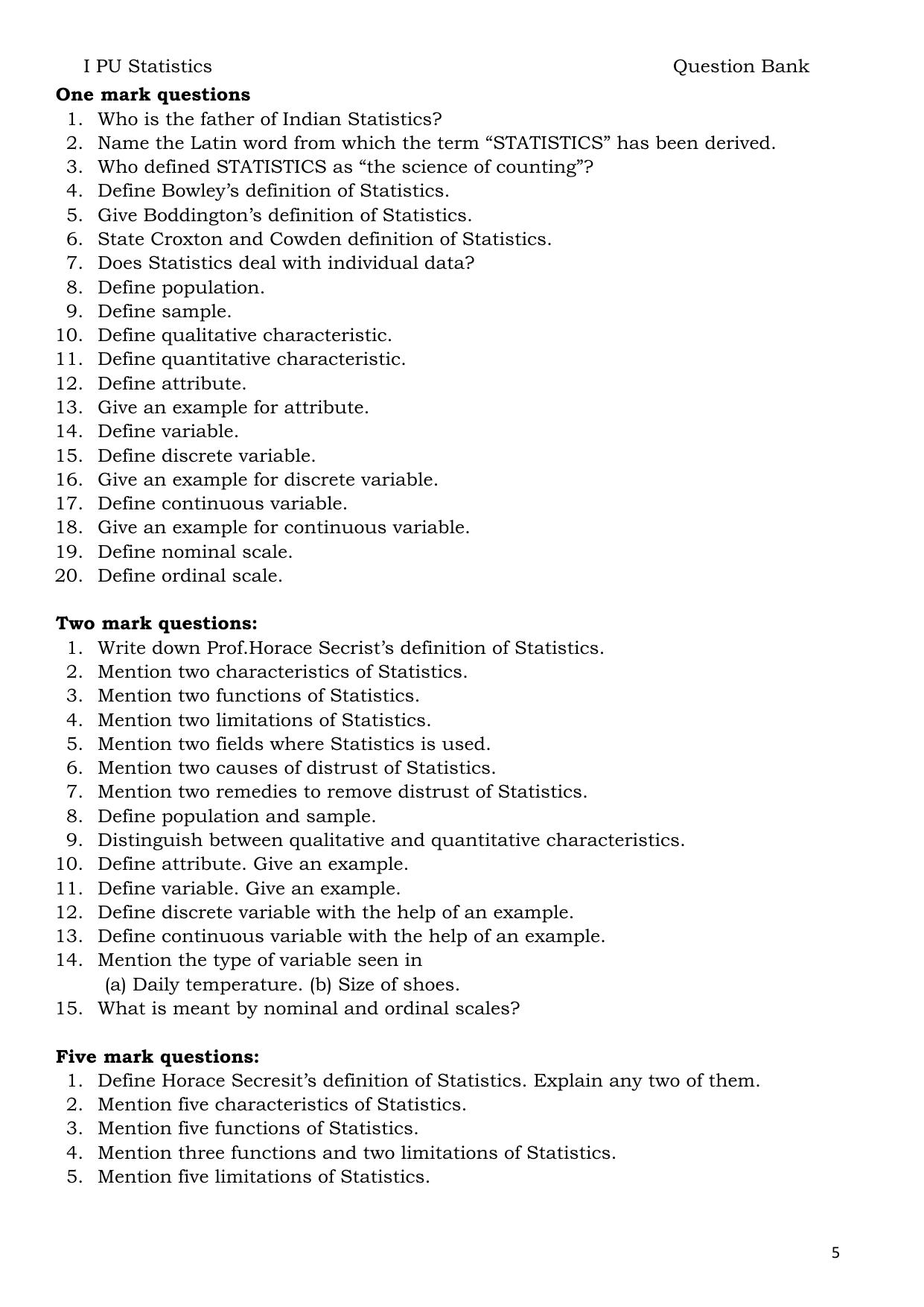 Karnataka 1st PUC Question Bank 2025 - Statistics English - Page 5