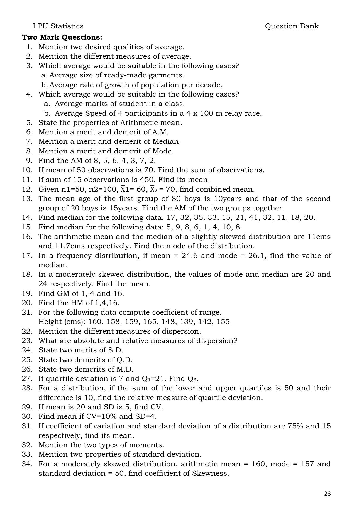 Karnataka 1st PUC Question Bank 2025 - Statistics English - Page 23
