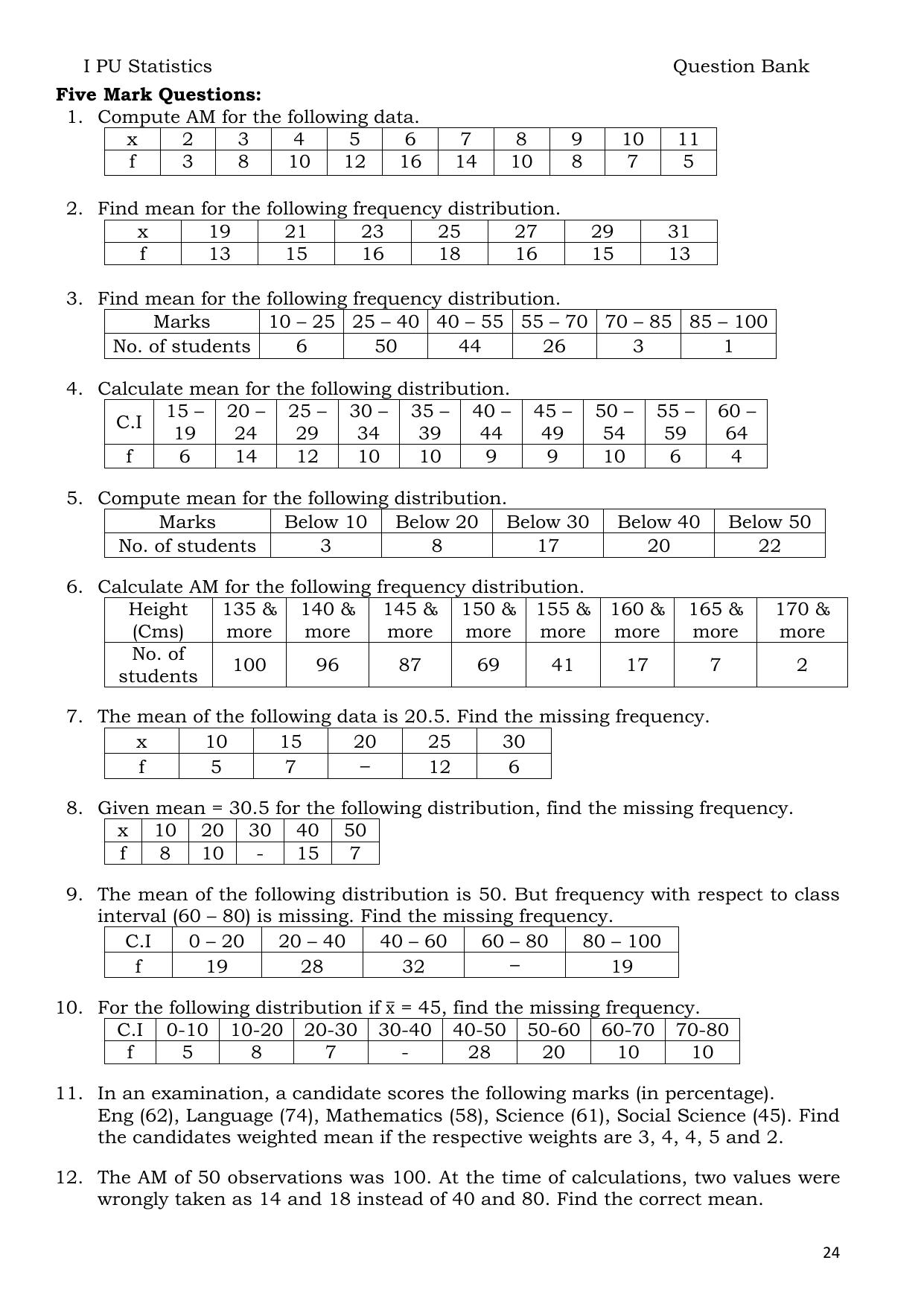 Karnataka 1st PUC Question Bank 2025 - Statistics English - Page 24