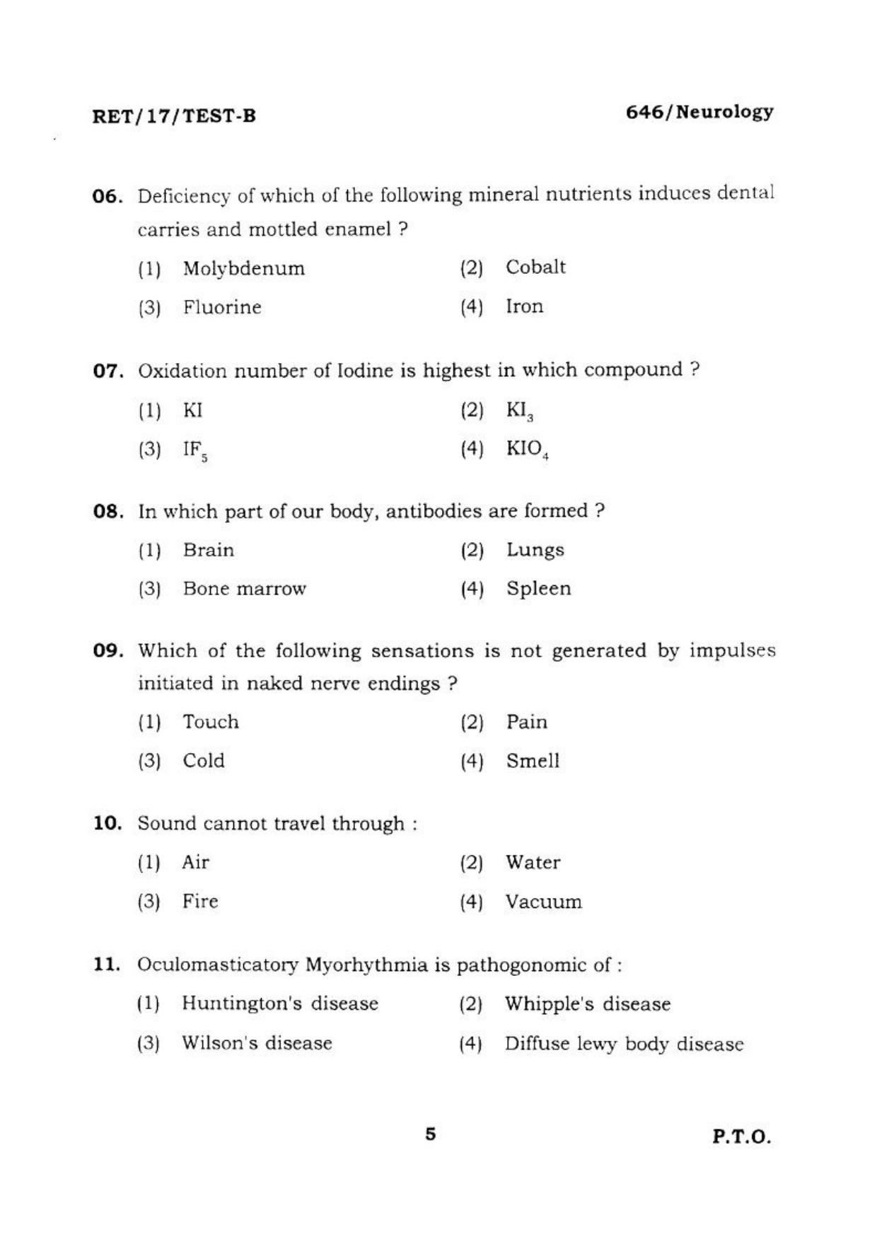 BHU RET NEUROLOGY 2017 Question Paper - Page 6