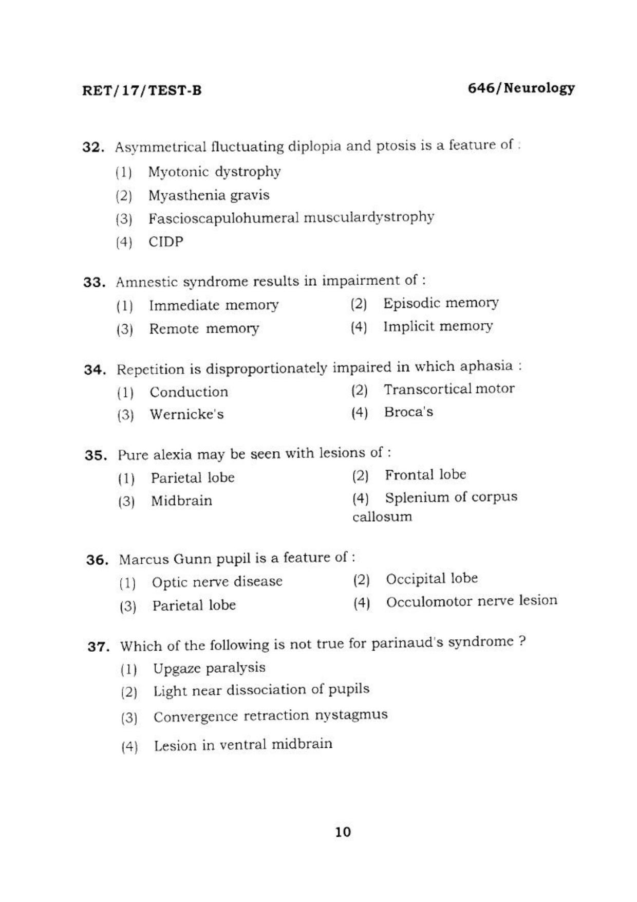 BHU RET NEUROLOGY 2017 Question Paper - Page 11