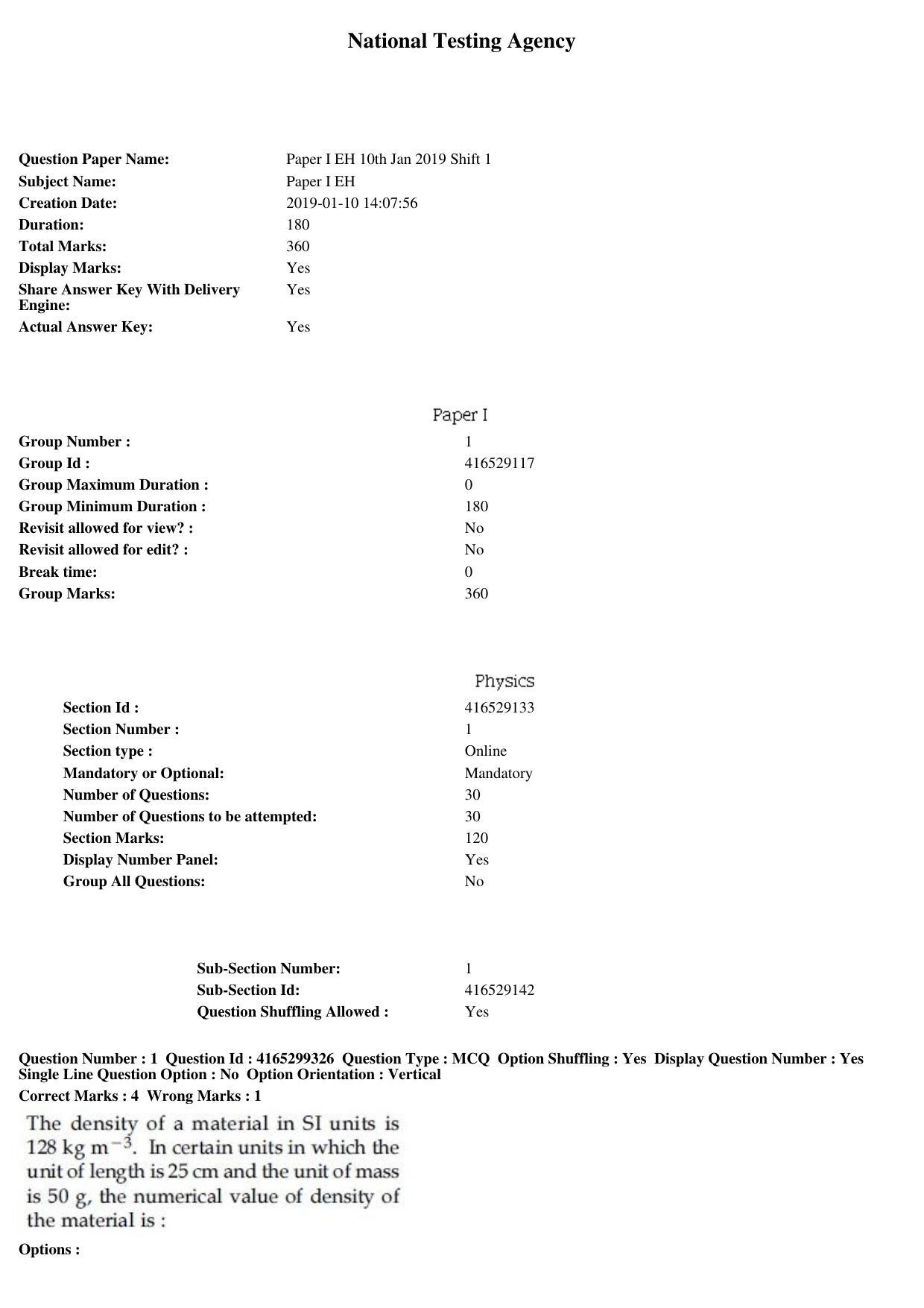 JEE Main 2019 Paper I Question Paper (10th Jan 2019 Shift 1) - Page 1