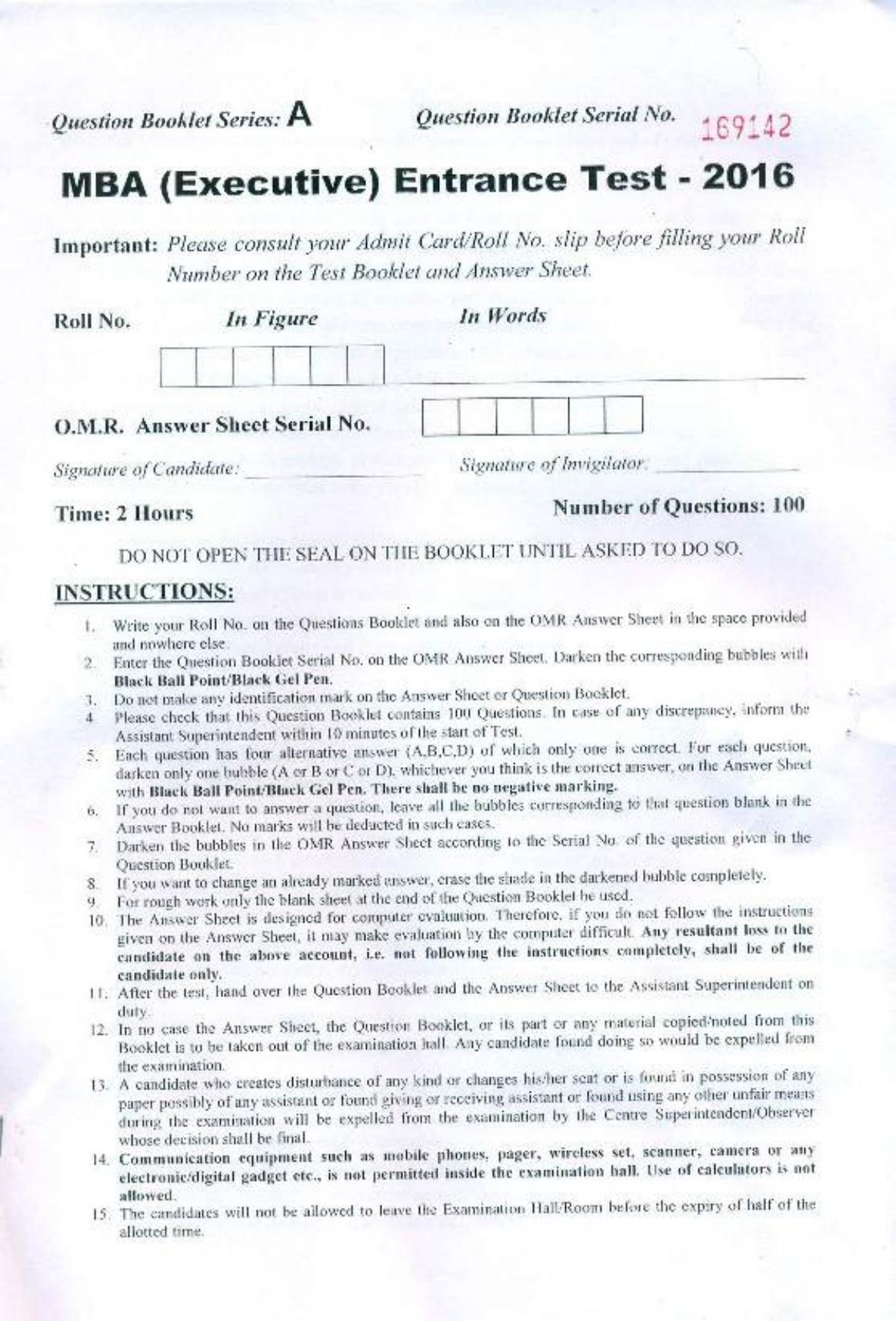 PU USOL MBA (Executive) Entrance Exam 2016 Question Booklet - Page 1