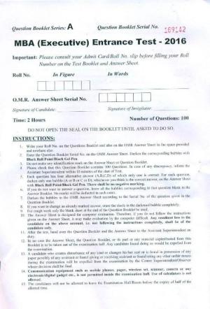 PU USOL MBA (Executive) Entrance Exam 2016 Question Booklet