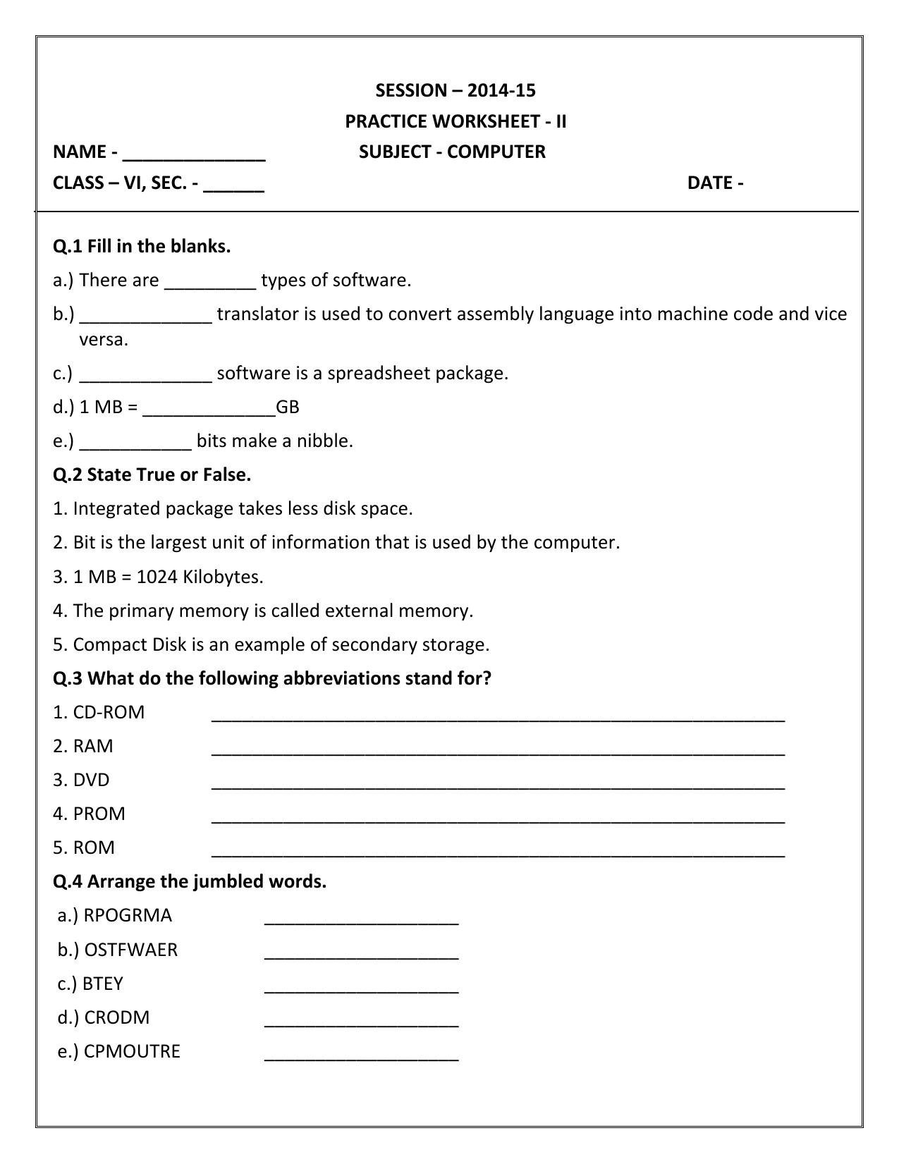 CBSE Worksheets for Class 6 Computer Science Assignment 6 - Page 1